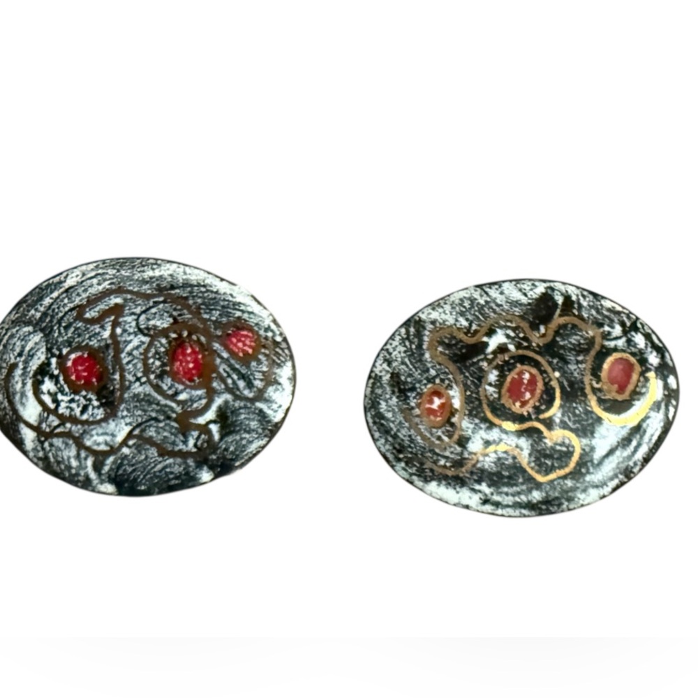Vintage One OF A KiNd Silver Oval Earrings with Red Accents